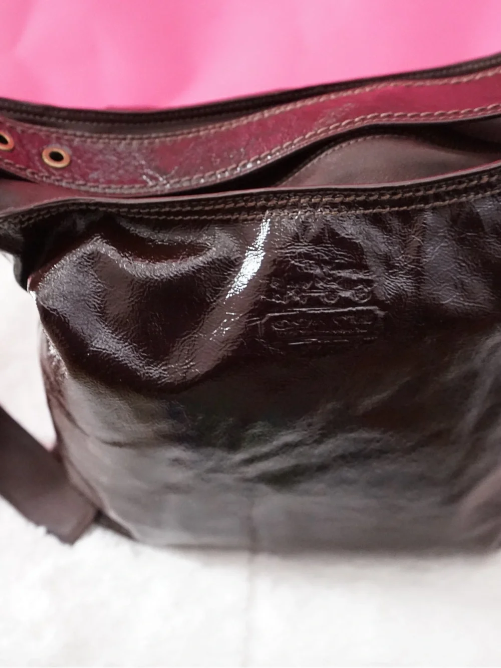 Vintage Y2K Coach Bleecker Sophie Crinkled Patent Leather Duffle Bag 12387 Choco